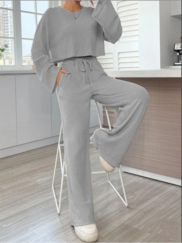 Casual Grey Long Sleeve Round Neck Suit Women's Solid Color Loose Top Trousers Autumn Sports Fashion Set