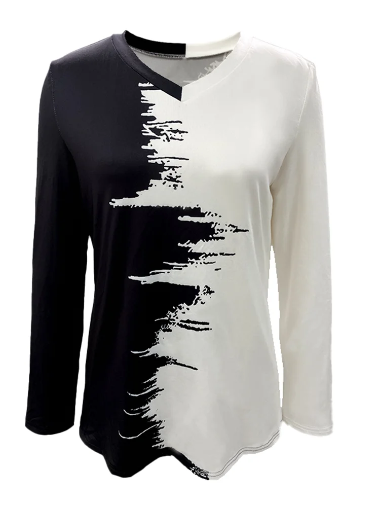 Office Lady Fashion V-neck Blouse Long Sleeved Black White T-shirt Women's Simple Spring Top