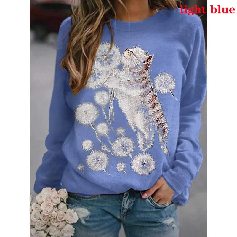 Cartoon Cat T-Shirt Women Long Sleeve Round Neck Top Y2K Clothing Spring Autumn Casual Graphics Large Size Tee