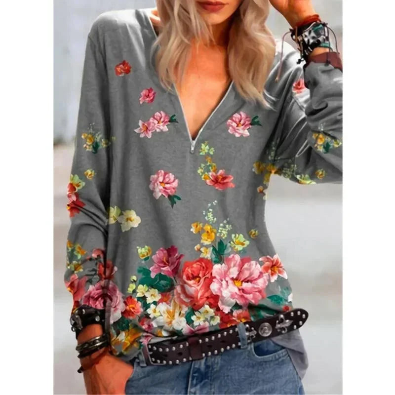 Casual Floral Printing Shirt Women Zipper Long Sleeve Tops Lady Autumn Fashion Clothes Loose Pullover Plus Size 5XL