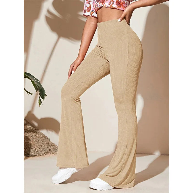 5-Solid Color Tight Flared Pants Women Elastic Long Pants Spring Autumn Y2K Bell-Bottoms Trousers