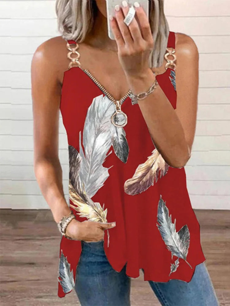 Feather Printed Chain Vest Women Fashion V-Neck Sleeveless Tank Tops Summer Party T-Shirt