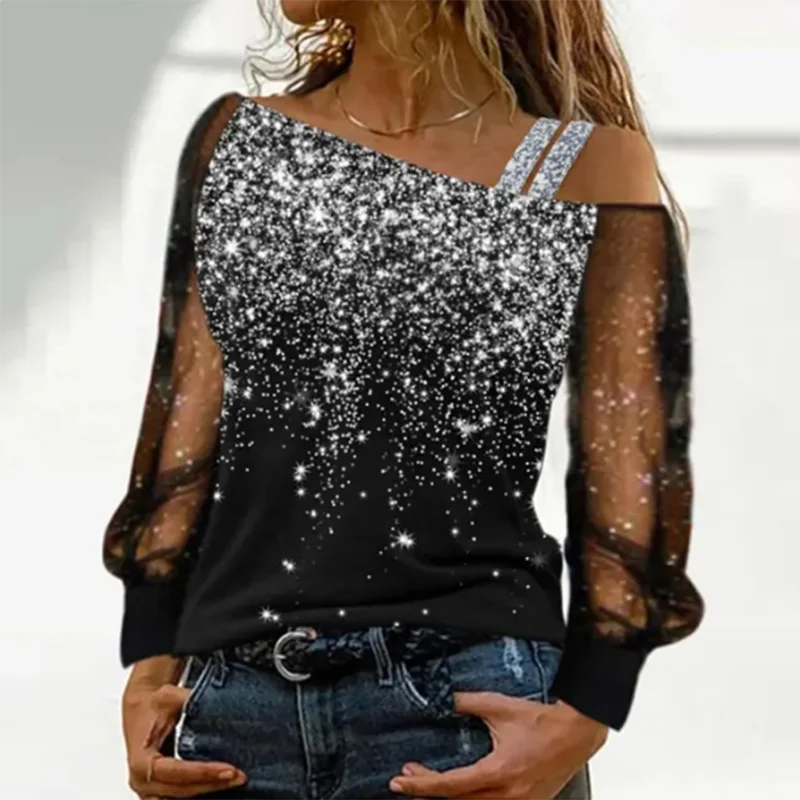 Silver Shoulder Strap Transparent Sleeves Sequins Blouse Women's Sexy T-shirt Christmas Tree Printed Long Sleeved Top