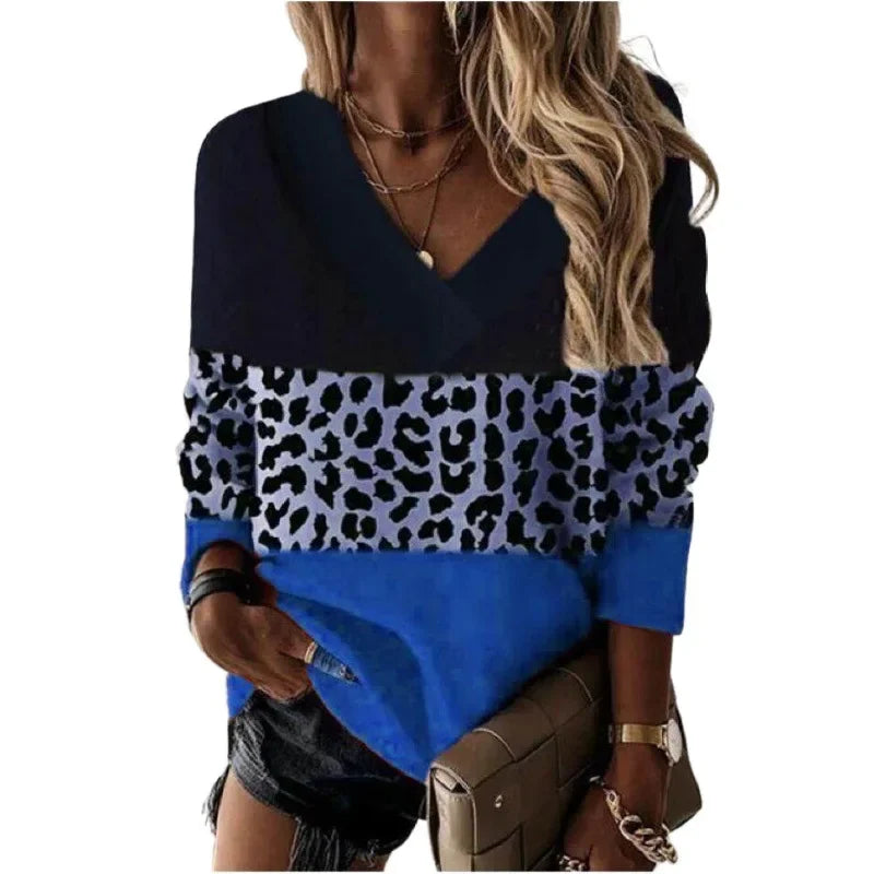 4 Color Patchwork Leopard Print T Shirt Women's V Neck Long Sleeved Lady Autumn Casual Pullover Leopard Tops  Oversized 5XL