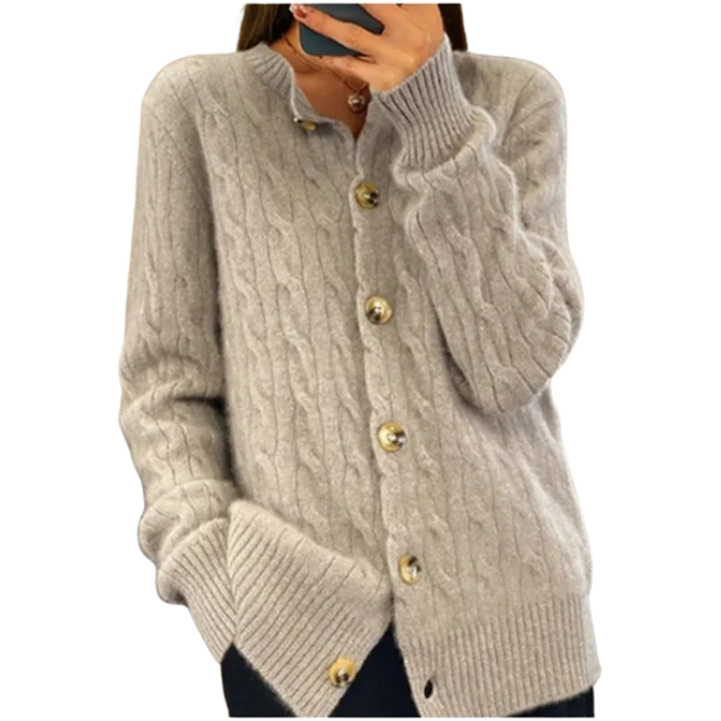 Knitted Jacquard Solid Color Long Sleeved Stand Up Collar Button Women's Sweater Artistic Retro Fashion High Street Autumn Top