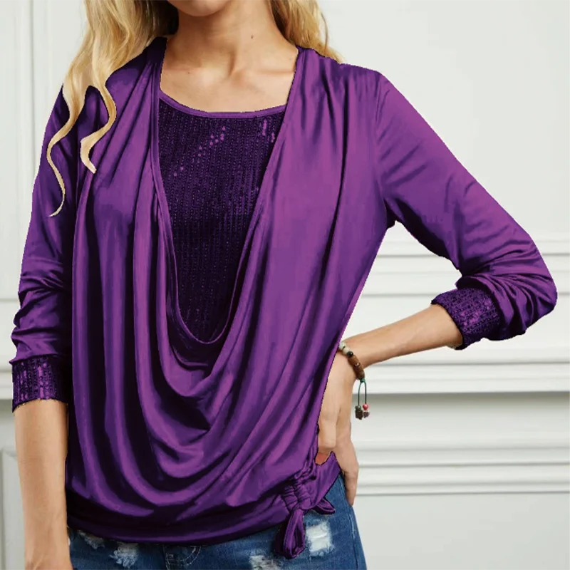 6 Sequin Long Sleeve Blouse Lady Elegant Solid Color O Neck Tops Lady Autumn Spring Party T Shirts