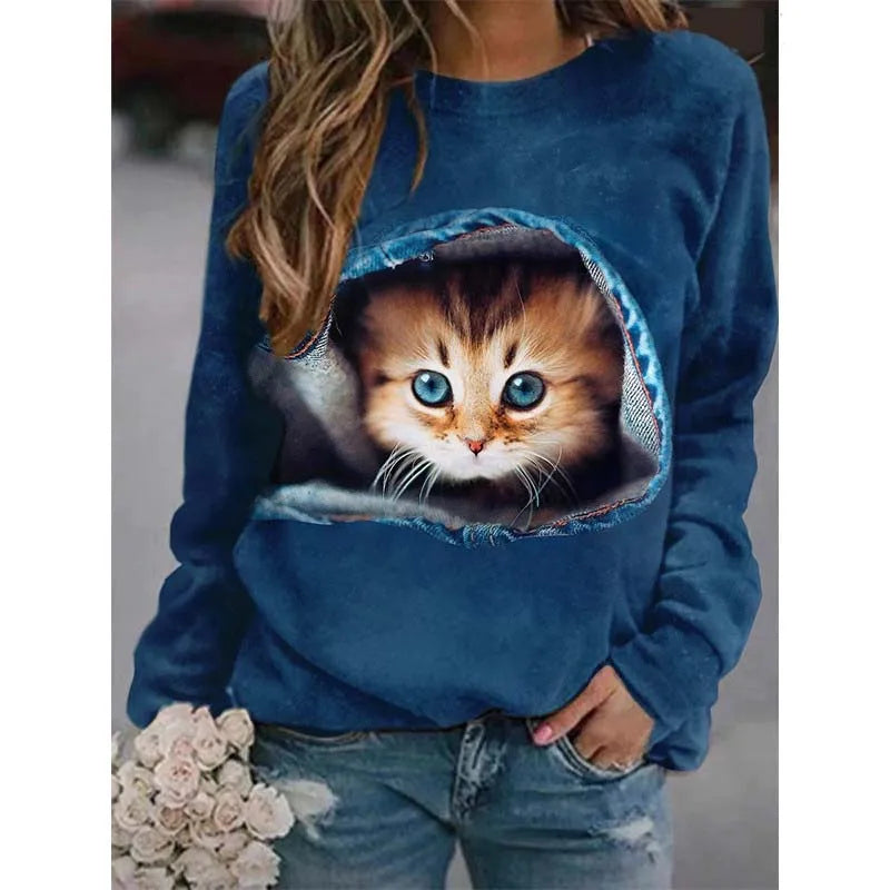 Cartoon Cat T-Shirt Women Long Sleeve Round Neck Top Y2K Clothing Spring Autumn Casual Graphics Large Size Tee