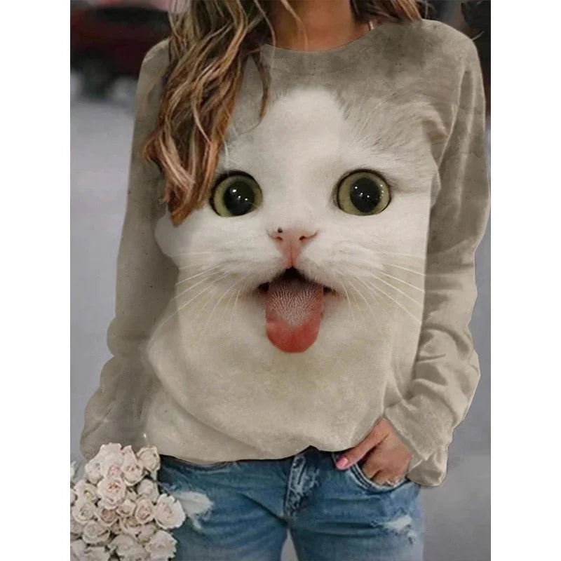 Cartoon Cat T-Shirt Women Long Sleeve Round Neck Top Y2K Clothing Spring Autumn Casual Graphics Large Size Tee