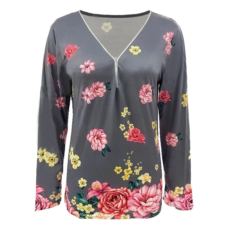 Casual Floral Printing Shirt Women Zipper Long Sleeve Tops Lady Autumn Fashion Clothes Loose Pullover Plus Size 5XL