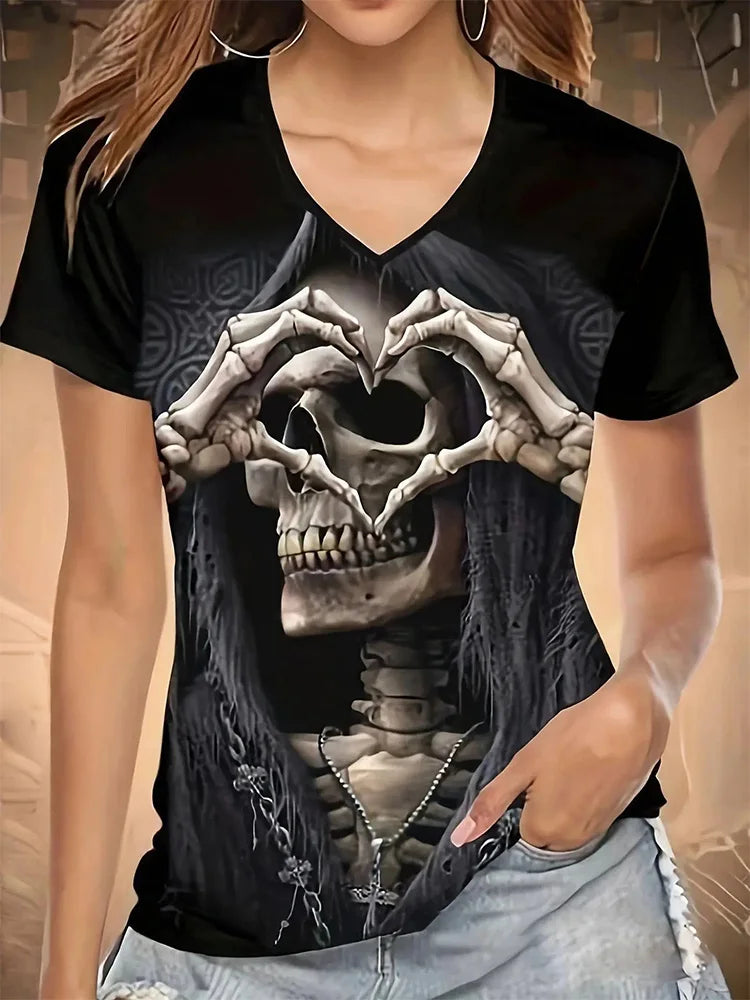 Chic Skull Black T-shirt Women's  V Neck Short Sleeve Summer Casual Print T-shirt Pullover