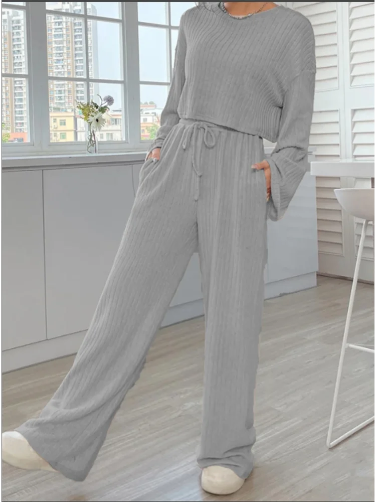 Casual Grey Long Sleeve Round Neck Suit Women's Solid Color Loose Top Trousers Autumn Sports Fashion Set