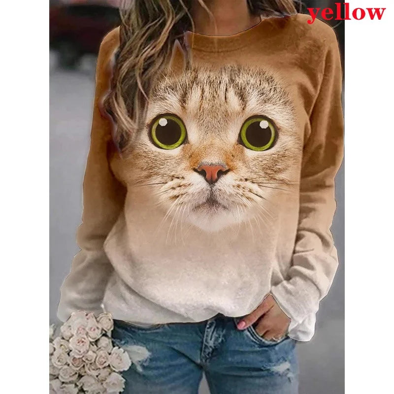 Cartoon Cat T-Shirt Women Long Sleeve Round Neck Top Y2K Clothing Spring Autumn Casual Graphics Large Size Tee