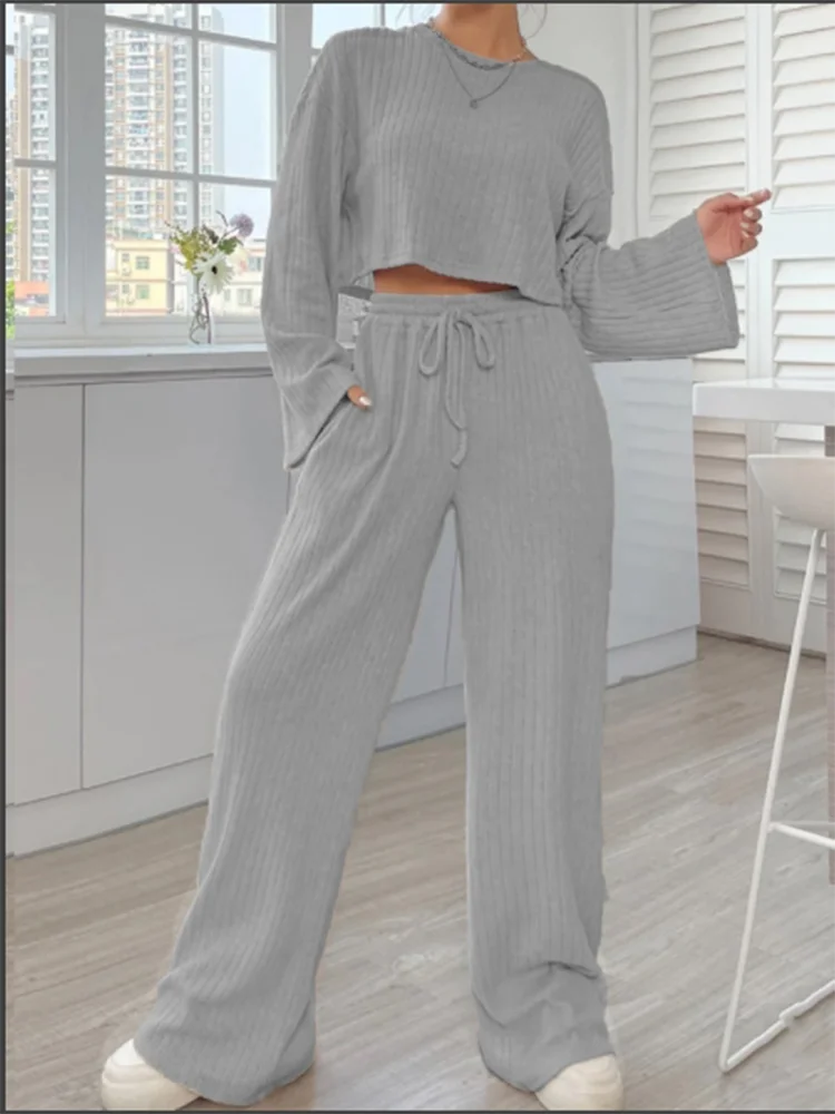 Casual Grey Long Sleeve Round Neck Suit Women's Solid Color Loose Top Trousers Autumn Sports Fashion Set