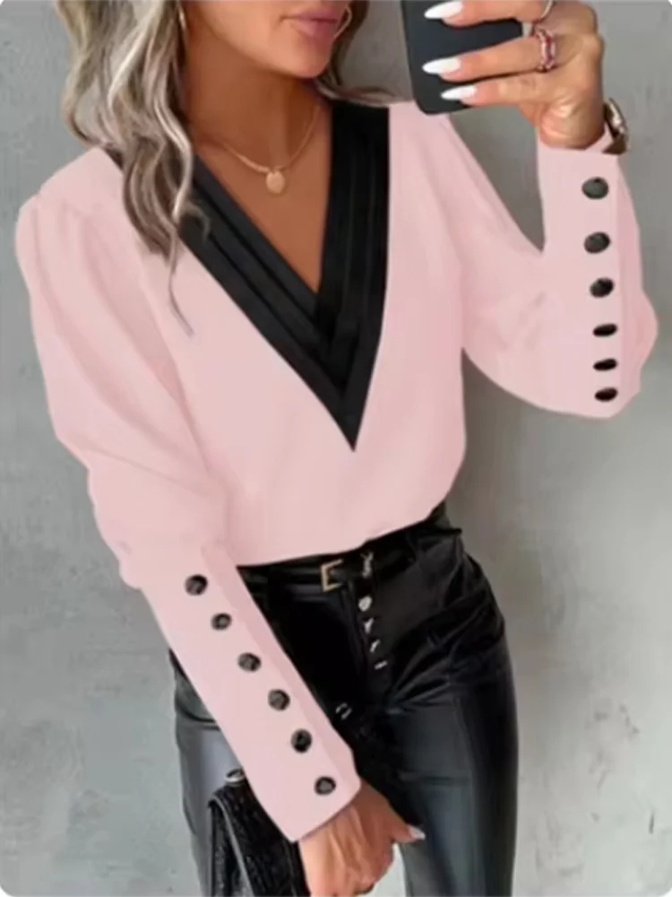 Fashion Color Blocked V-neck Long Sleeved Button T-shirt Women's Daily Autumn Blouse Elegant Top