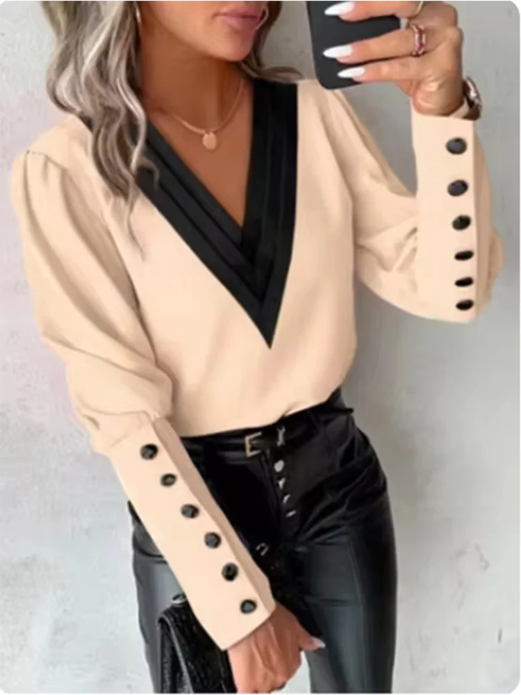 Fashion Color Blocked V-neck Long Sleeved Button T-shirt Women's Daily Autumn Blouse Elegant Top