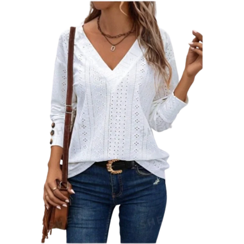 White V-Neck Long Sleeve T-Shirt Women's Hollow Button Blouse Simple Elegant Autumn Office Lady Top