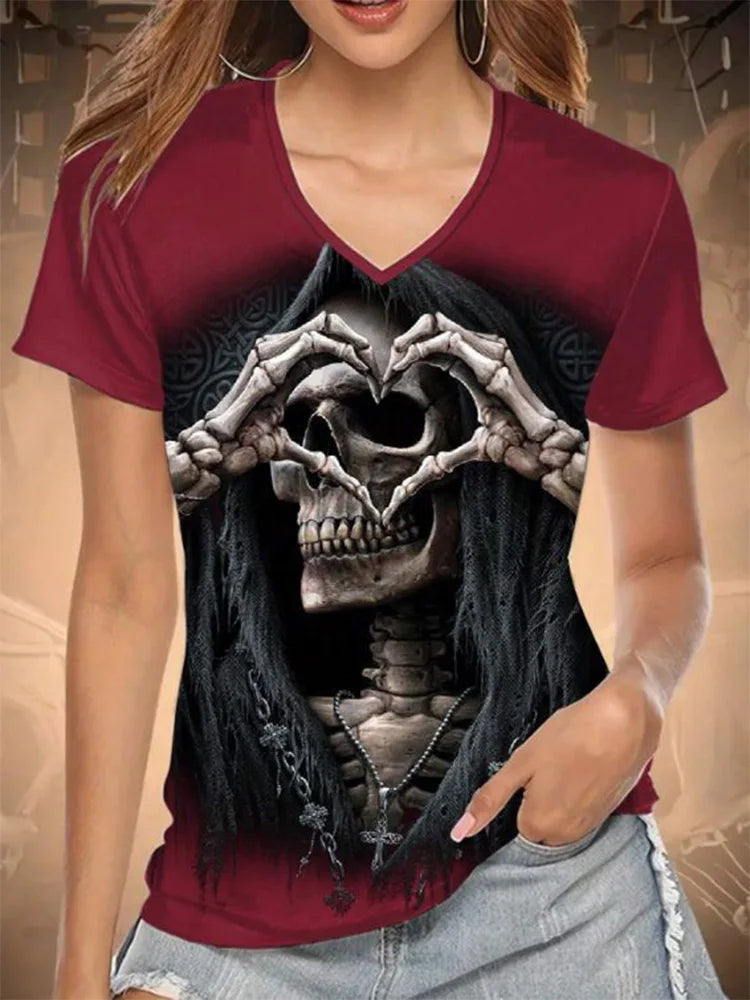 Chic Skull Black T-shirt Women's  V Neck Short Sleeve Summer Casual Print T-shirt Pullover