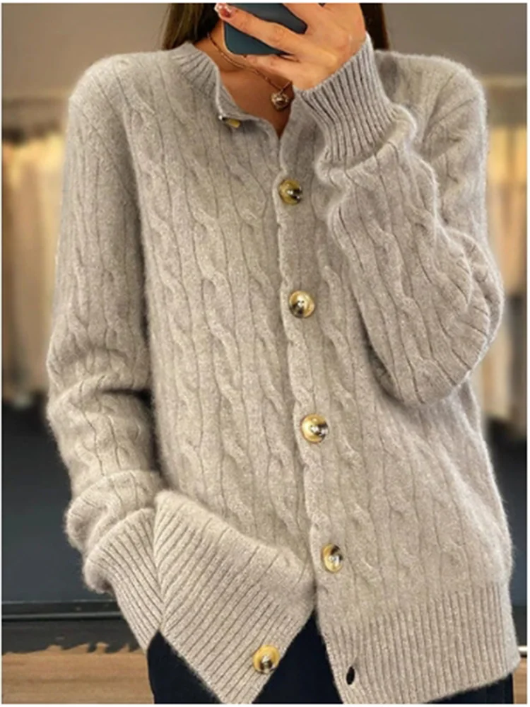 Knitted Jacquard Solid Color Long Sleeved Stand Up Collar Button Women's Sweater Artistic Retro Fashion High Street Autumn Top