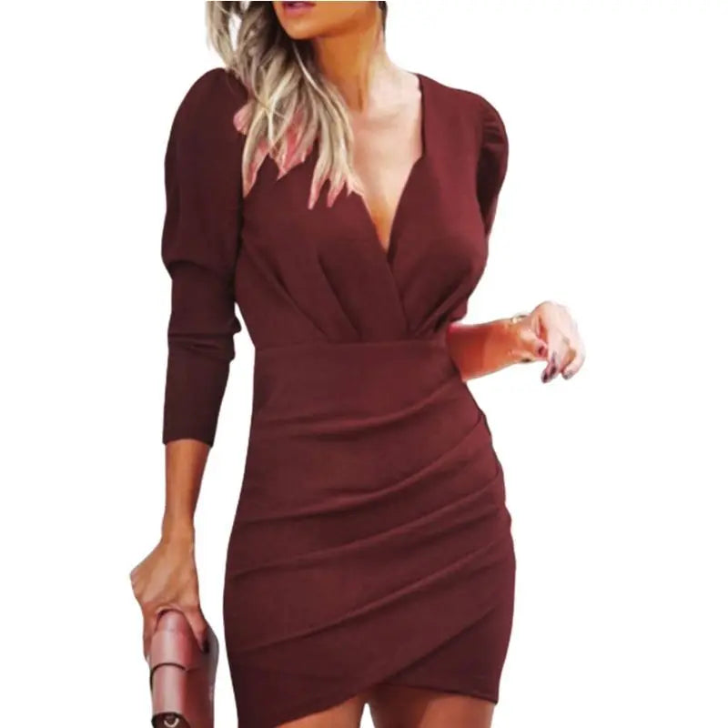 Women's Sexy Mini Dresses Spring Autumn V-Neck Long Sleeved Slim Dress Solid Color Pleated Party Dress Vestidos Cortos