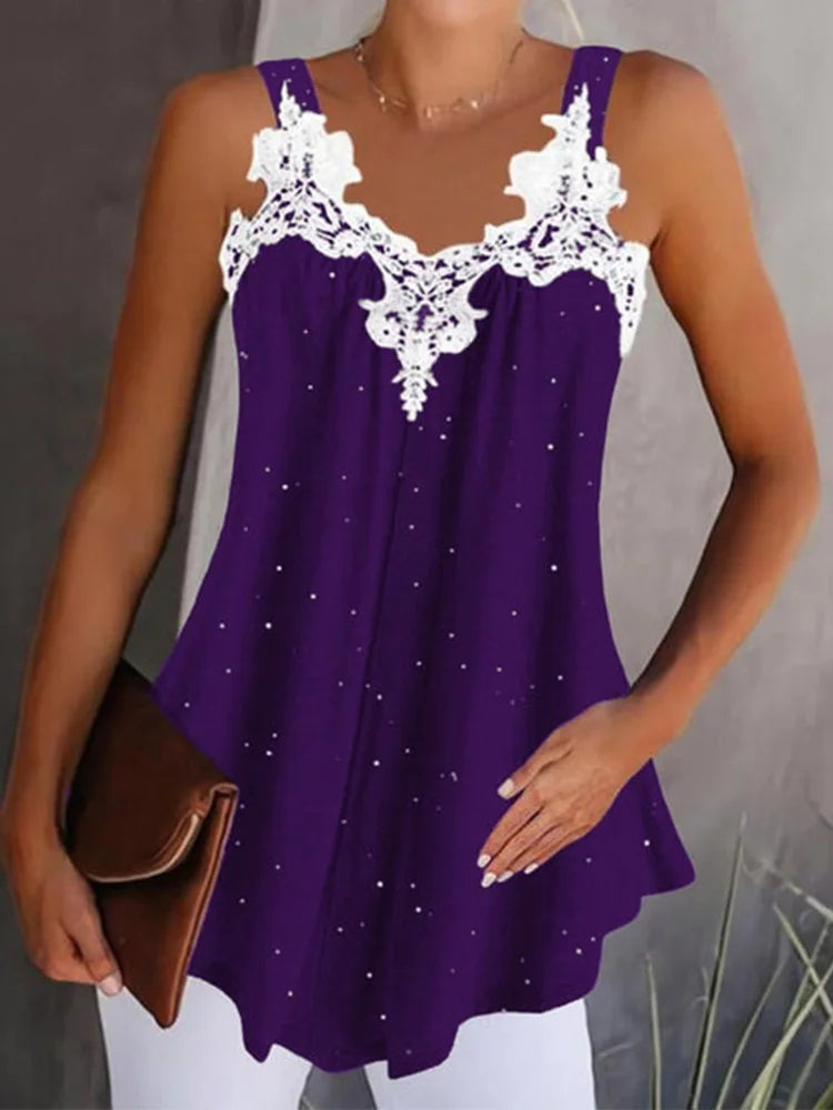 Luxurious Camisole Women V-Neck Sleeveless Lace Patchwork Solid Color Vest Summer Party Tank Tops