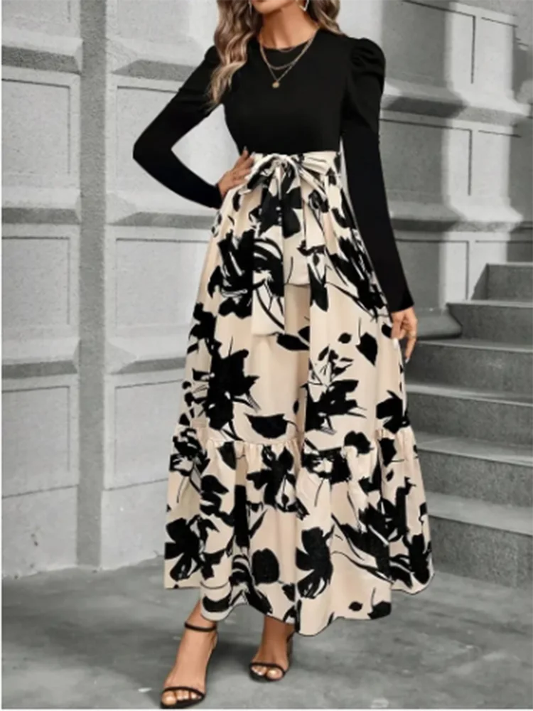 Stylish Color Block Dresses Women Round Neck Long Sleeve Top Floral Printed Dress Autumn Lady Party A Line Dress