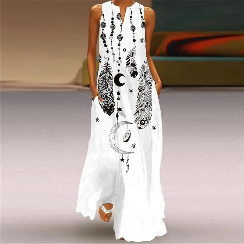 6 Colors Sleeveless Exaggerated Large Print Dress Women Casual White Vest Maxi Dresses Lady Summer Bohemian Seaside Dress