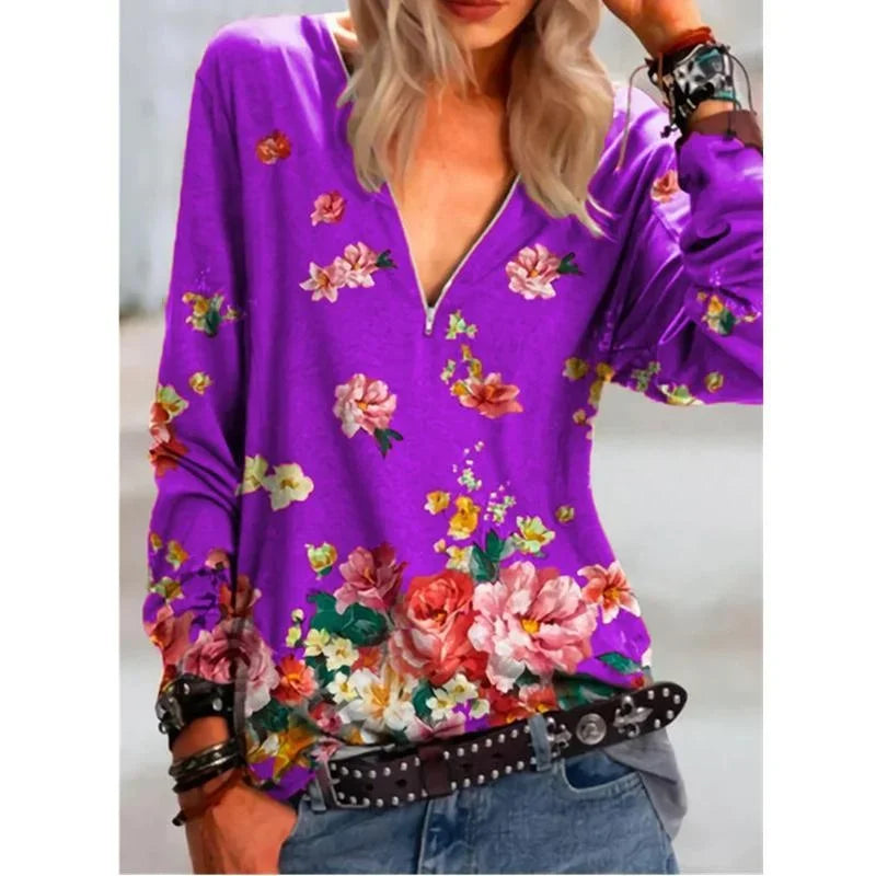 Casual Floral Printing Shirt Women Zipper Long Sleeve Tops Lady Autumn Fashion Clothes Loose Pullover Plus Size 5XL