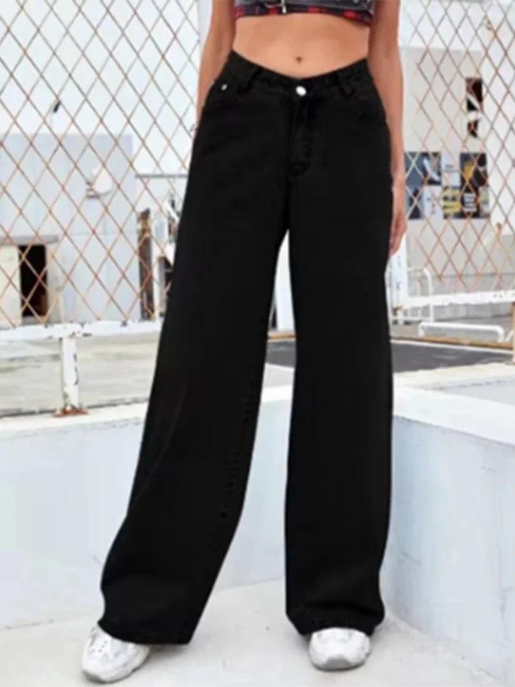 Black Jeans Pants Women's Solid Color Pants High Waisted Pocket Street Fashion Daily Autumn Straight Leg Pants