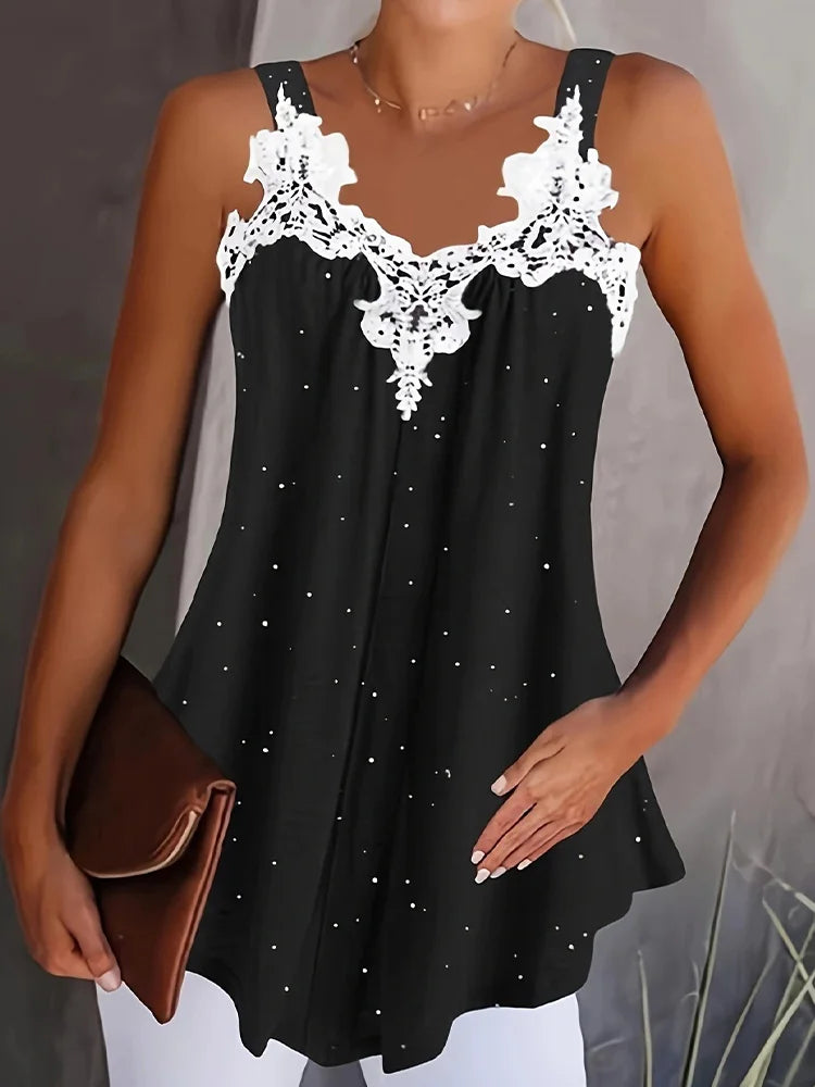 Luxurious Camisole Women V-Neck Sleeveless Lace Patchwork Solid Color Vest Summer Party Tank Tops