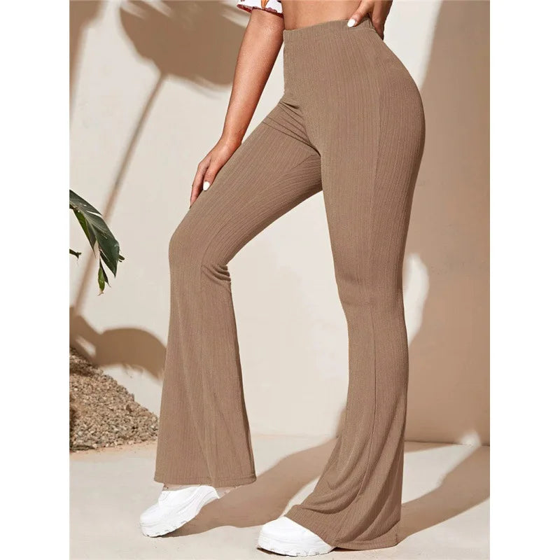 5-Solid Color Tight Flared Pants Women Elastic Long Pants Spring Autumn Y2K Bell-Bottoms Trousers