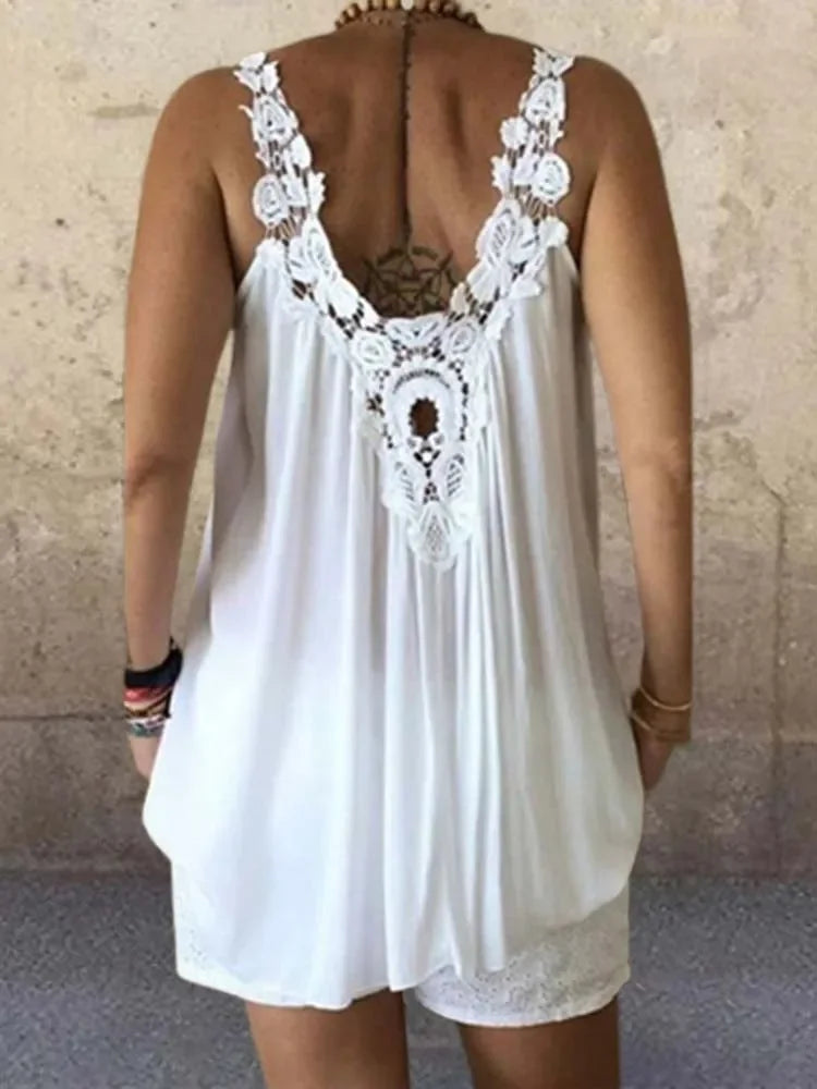 Sexy Long Camisole Women V Neck Hollow Out Sleeveless Vest Summer Pure Color Lace Tank Tops Large Size 5XL