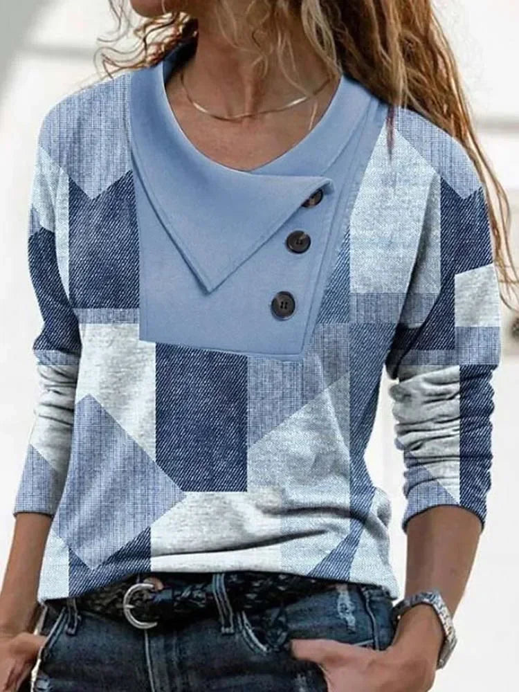 Fashion Geometry Print T-Shirt Women Casual Autumn Button Long Sleeve Tops Chic Circle Decoration Tees 3XL