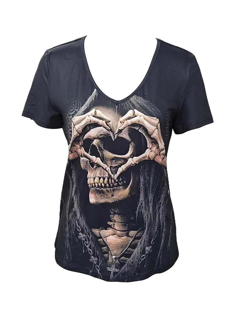 Chic Skull Black T-shirt Women's  V Neck Short Sleeve Summer Casual Print T-shirt Pullover