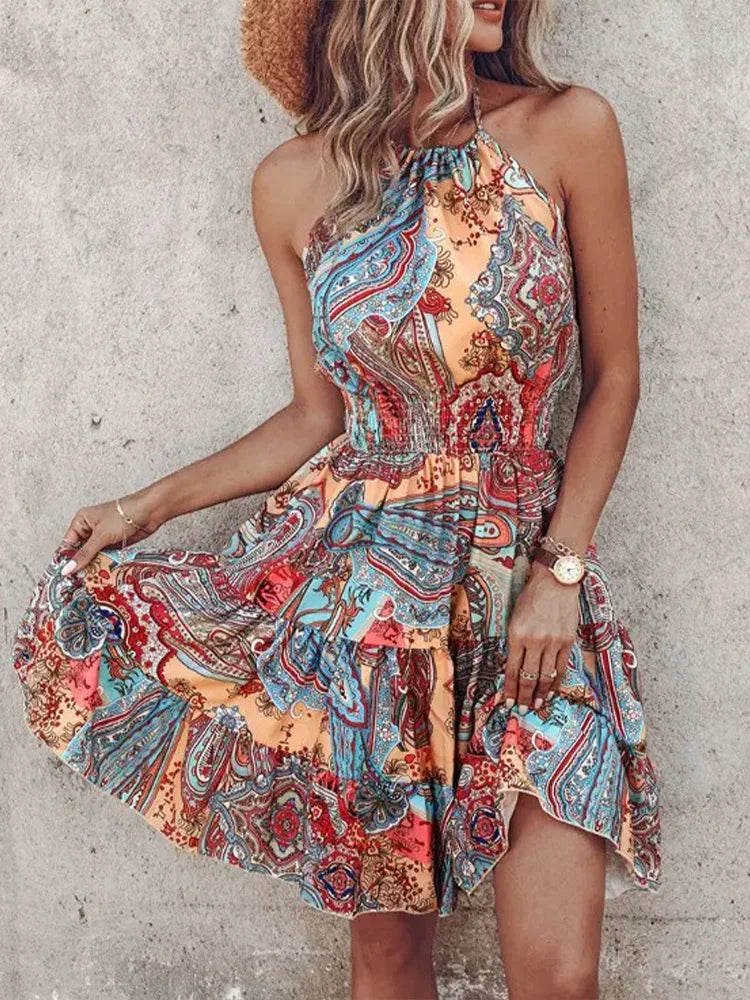 Irregular Printed Vest Backless Dress Women Summer Sexy Sleeveless Mini Dresses Party Clothes