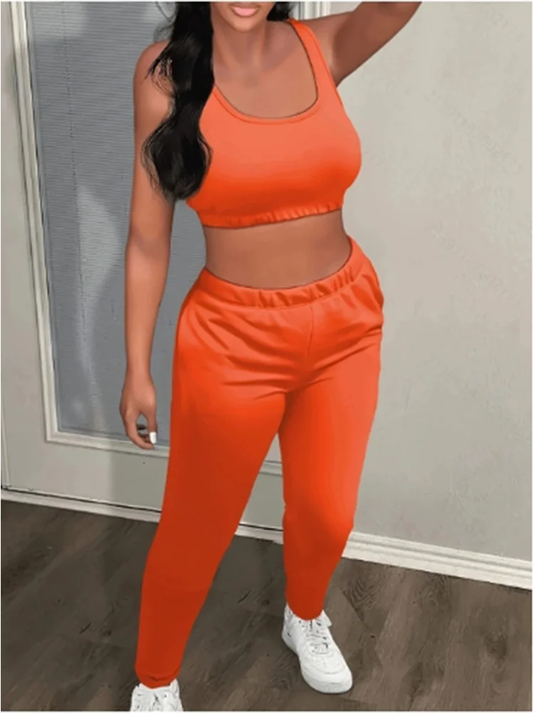 Orange Sport Set Women Sleeveless Vest Slim Fit Pants Set Summer Sexy Backless Bra Long Pant Two-Piece Suit