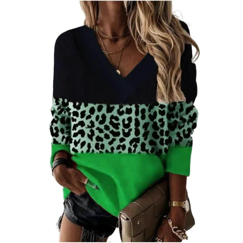 4 Color Patchwork Leopard Print T Shirt Women's V Neck Long Sleeved Lady Autumn Casual Pullover Leopard Tops  Oversized 5XL