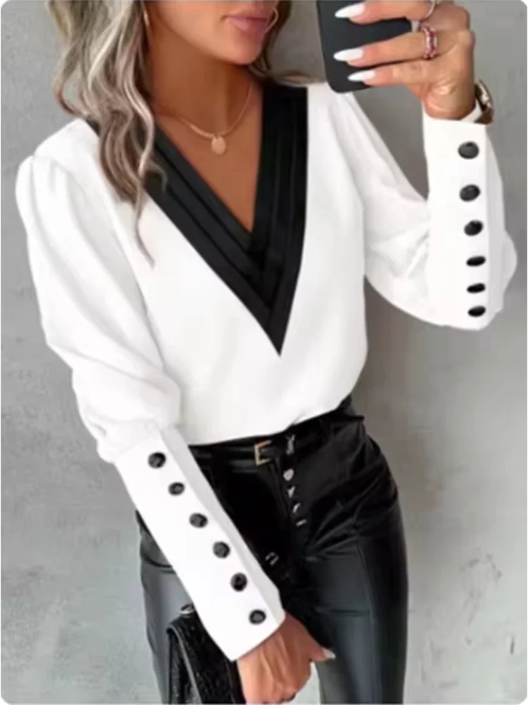 Fashion Color Blocked V-neck Long Sleeved Button T-shirt Women's Daily Autumn Blouse Elegant Top