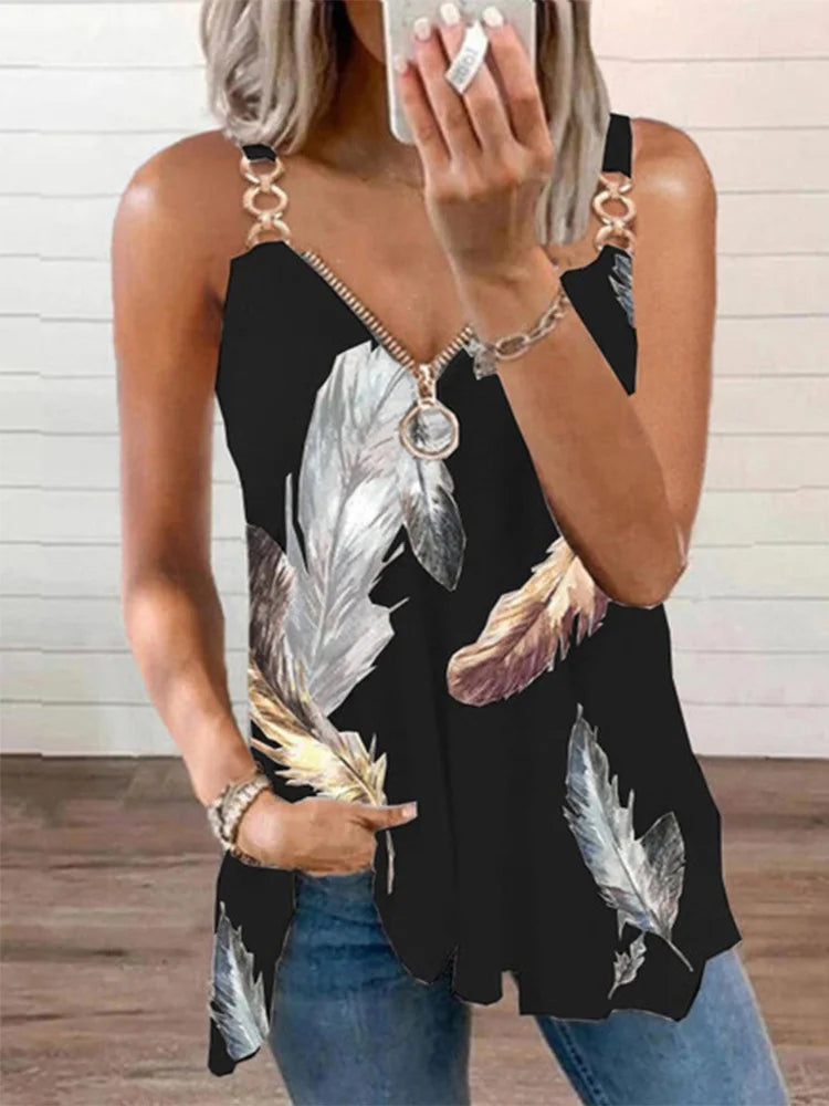 Feather Printed Chain Vest Women Fashion V-Neck Sleeveless Tank Tops Summer Party T-Shirt