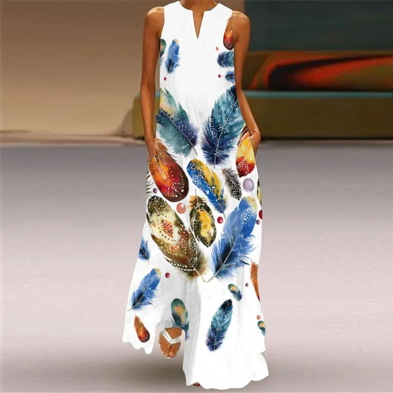 6 Colors Sleeveless Exaggerated Large Print Dress Women Casual White Vest Maxi Dresses Lady Summer Bohemian Seaside Dress