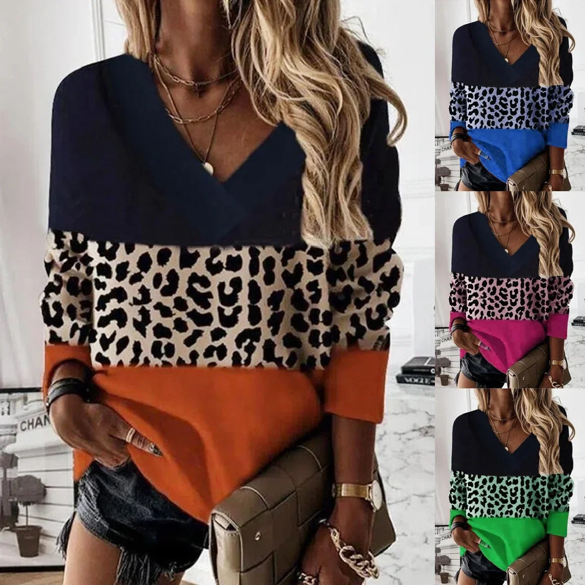 4 Color Patchwork Leopard Print T Shirt Women's V Neck Long Sleeved Lady Autumn Casual Pullover Leopard Tops  Oversized 5XL