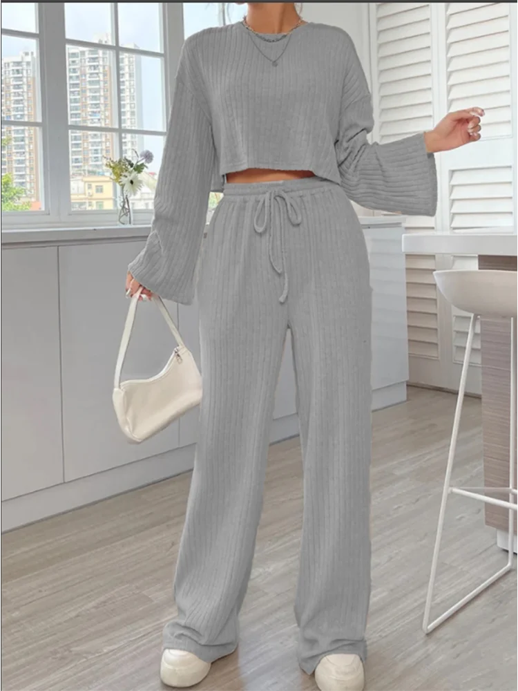 Casual Grey Long Sleeve Round Neck Suit Women's Solid Color Loose Top Trousers Autumn Sports Fashion Set