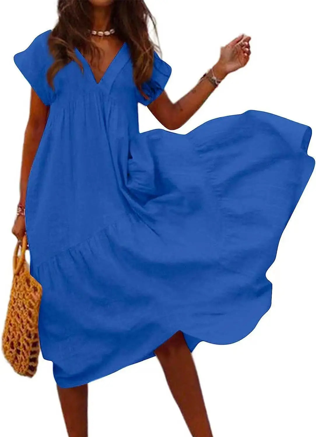 V-Neck Short Sleeved Loose Dress Women's Solid Color Vacation Dresses Summer Casual A-Line Robe Vestidos