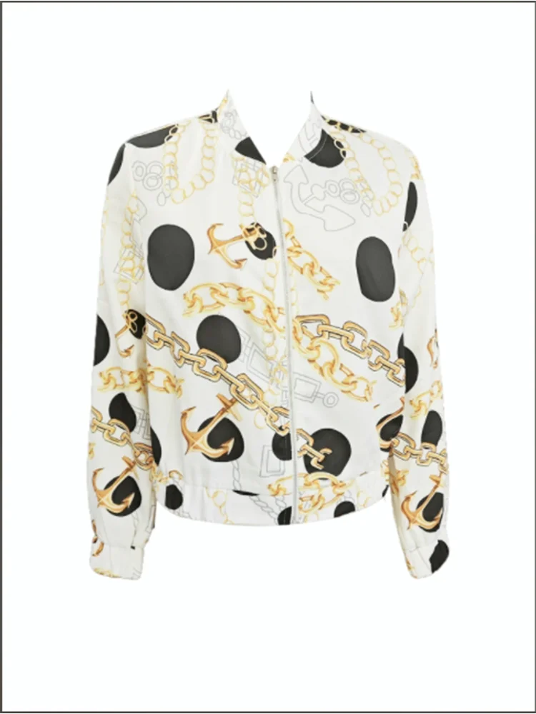 Women's Printed Long Sleeve Coat Fashion Short Zipper Jacket Spring Autumn White Casual Top