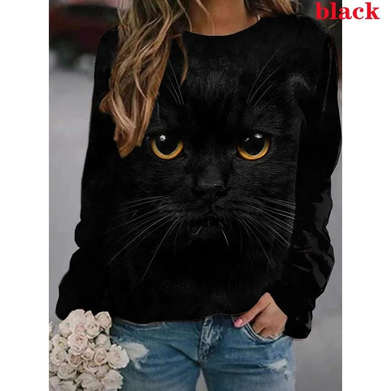 Cartoon Cat T-Shirt Women Long Sleeve Round Neck Top Y2K Clothing Spring Autumn Casual Graphics Large Size Tee