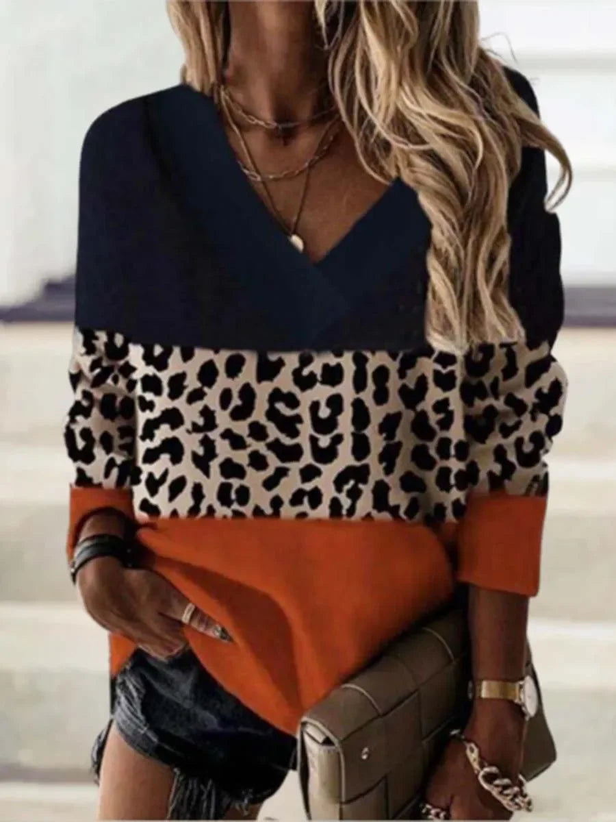 4 Color Patchwork Leopard Print T Shirt Women's V Neck Long Sleeved Lady Autumn Casual Pullover Leopard Tops  Oversized 5XL