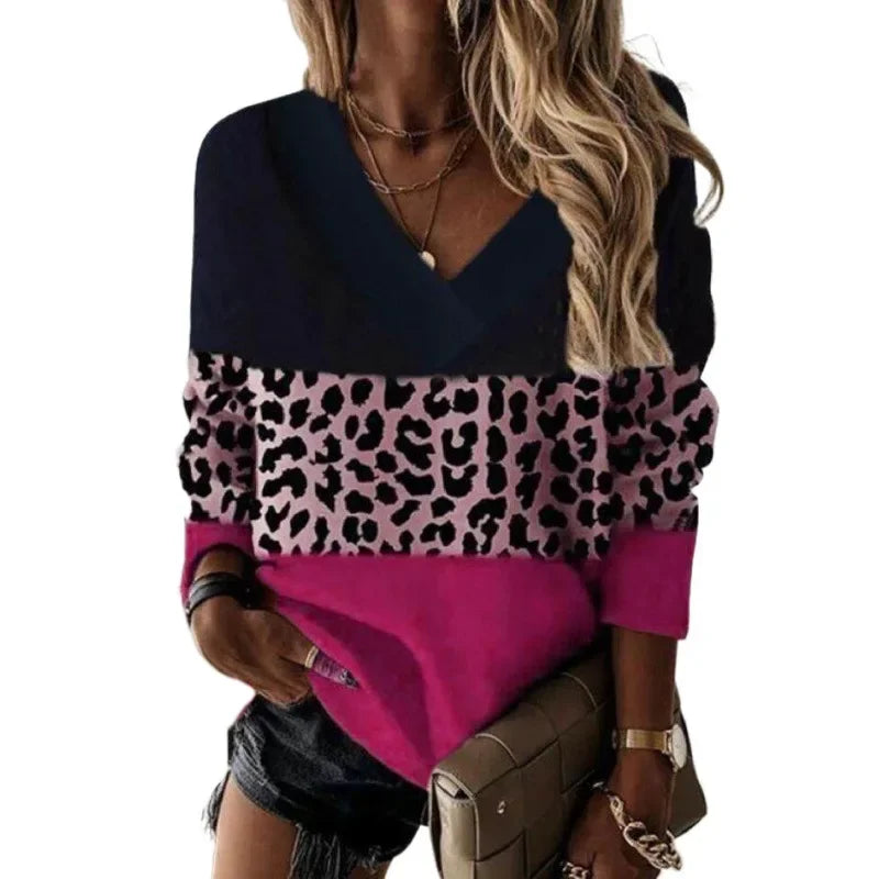 4 Color Patchwork Leopard Print T Shirt Women's V Neck Long Sleeved Lady Autumn Casual Pullover Leopard Tops  Oversized 5XL