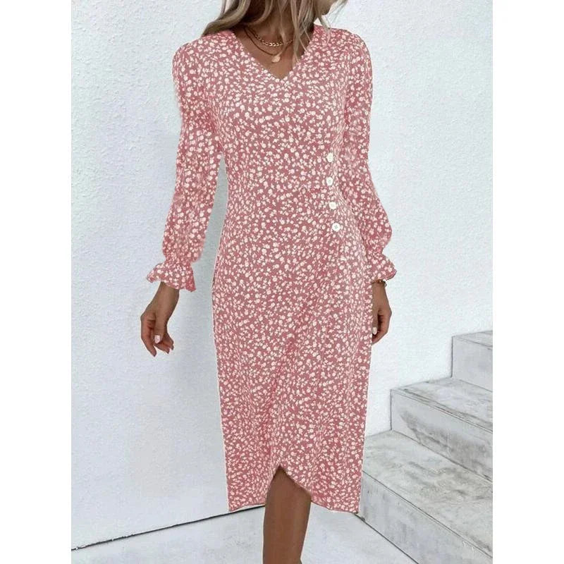 Elegant Floral Pleated H shaped Midi Dress Female V Neck Puff Sleeve Waist Ruched Button Dresses Women Summer Dress Robe